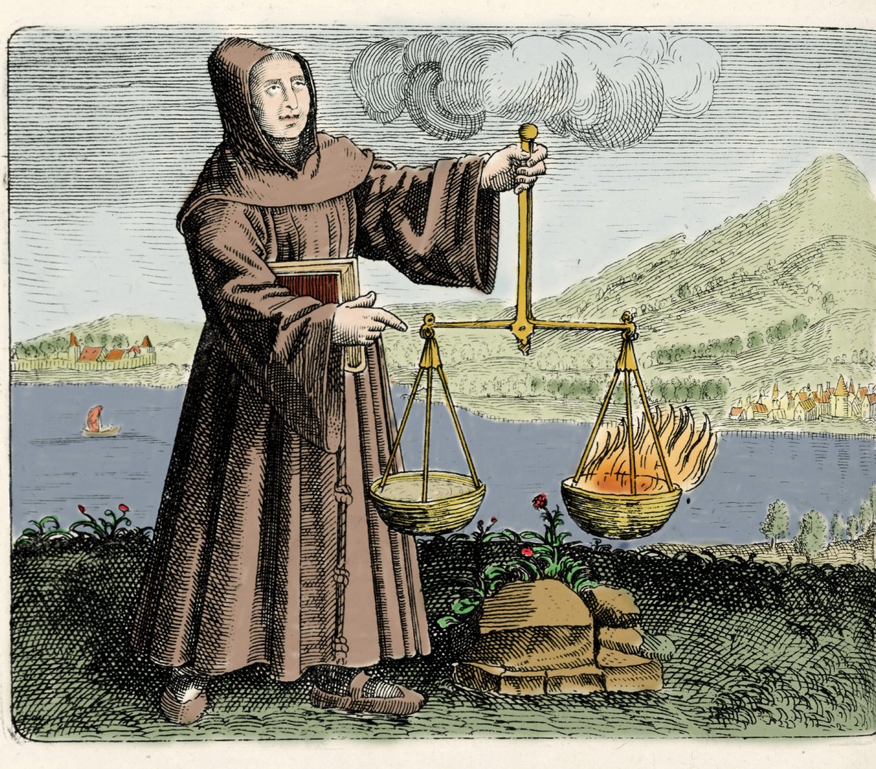 Franciskanermunken, filosoffen og alkymisten Roger Bacon (Bacon) (Doktor Mirabilis) (1214-1294) gør en oplevelse. Indgravering fra ""Symboler for de tolv nationers gyldne bord"" af Michael Mayer 1617 af Unknown artist