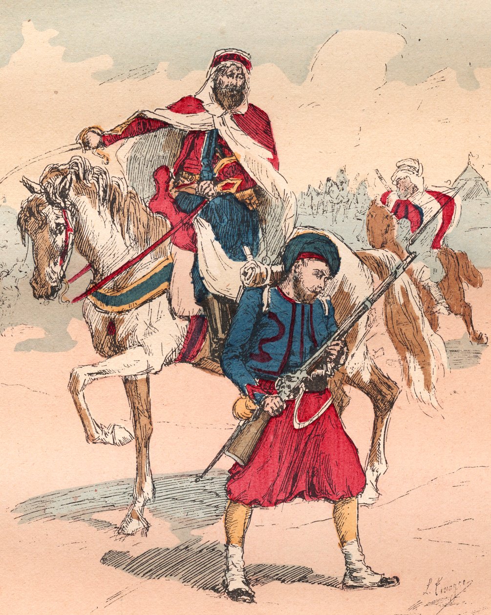 Den franske Armee under Louis Philippes regeringstid fra 1830 til 1848 - Zouave og Spahi - Indgravering fra 1882 i "" Histoire de dix ans: 1830-1840""" Louis-Blanc (1811-1882) af Unknown artist