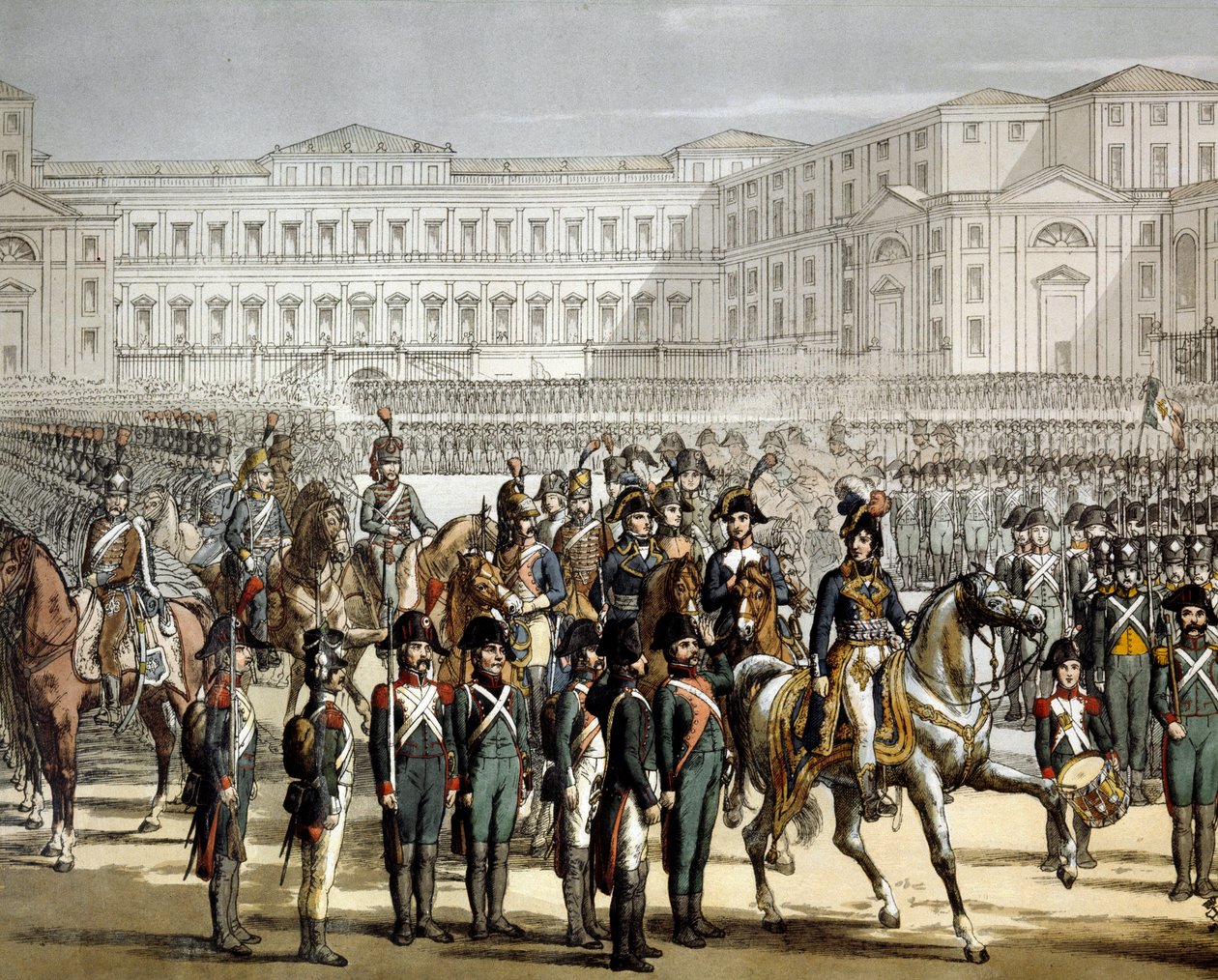 Den franske general og konge af Napoli Gioacchino (Joachim) Murat (1767-1815) gennemgår den cisalpine milits foran Villa Reale de Monza den 07/08/1801. Gravering Museo del Risorgimento, Milano af Unknown artist