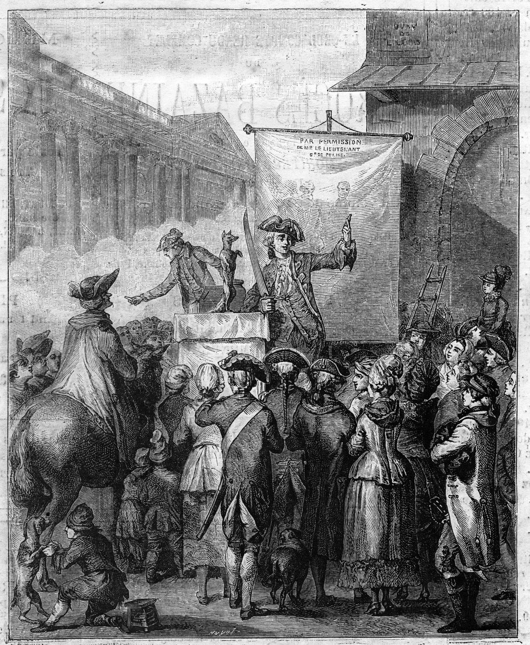Den franske charlatan i det 18. århundrede. Indgravering i "" Le XVIIIème siècle: mores, usages et costumes"" af Paul Lacroix. af Unknown artist