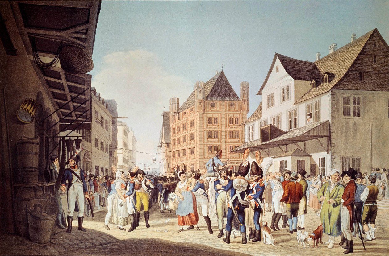 De franske tropper fra det 24. infanteriregiment forlader Frankfurt med General Augereau Gravering af 1808 Frankfurt, historisk museum af Unknown artist