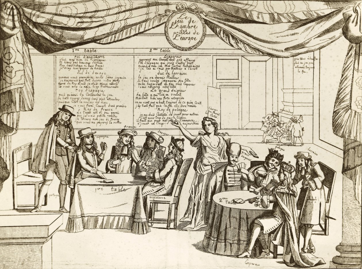 The Game of the Hombre of the Princes of Europe - Hombre, metafor for international politik - 1685 - Europa skæres i stykker af ukontrollerede suveræner, der "spiller" deres territorier som deres egen ejendom - Satiren følger Treve of Regensburg, si af Unknown artist