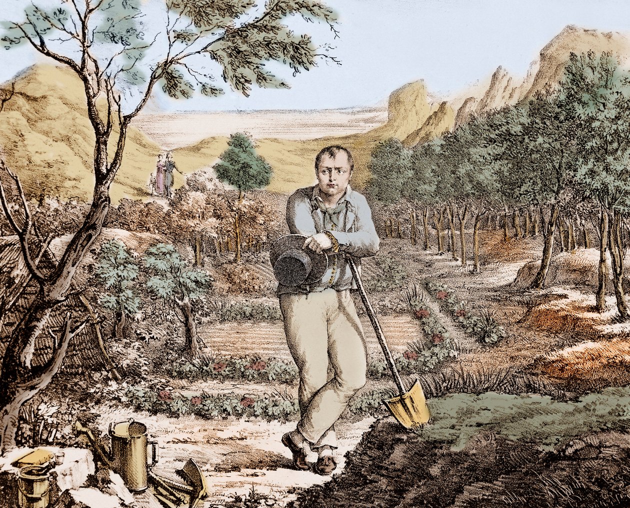 The Gardener of St Helena - Napoleon i eksil på St Helena, gravering af Unknown artist