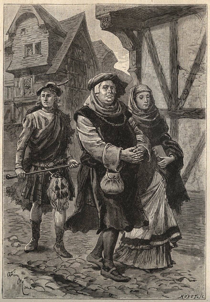 The Gartier (The Glover), der ledsager sin datter til kirken - 1800-tallets illustration til den historiske roman "The Pretty Girl of Perth or Valentine