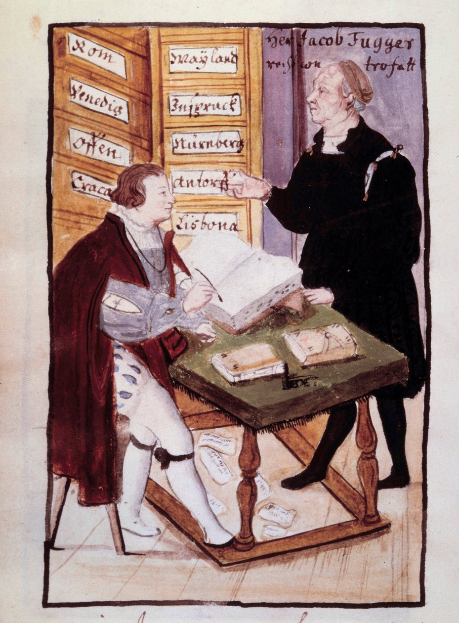Den tyske bankmand Jacob Fugger (1459-1525) på sit kontor (Goldene Schreibstube) med sin tyske bogholder Matthaus Schwarz (1497-omkring 1574) Akvarel af det 16. århundrede. BN, Paris af Unknown artist
