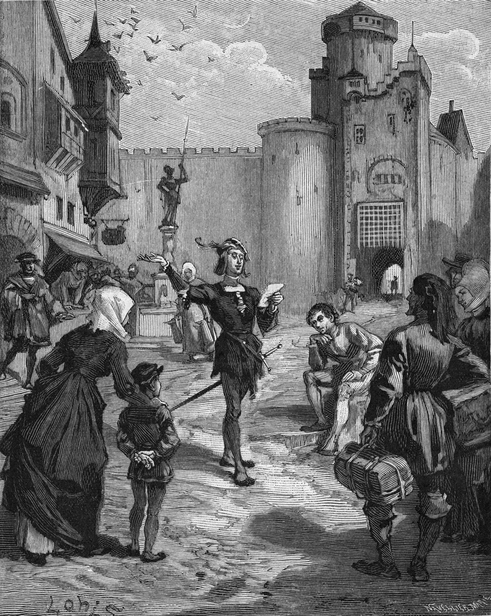 Den tyske ridder, digter og humanist Ulrich von Hutten (1488-1523) erklærer et af sine digte på gaden. Indgravering af det 19. århundrede. I "Histoire de France" af Jules Michelet af Unknown artist