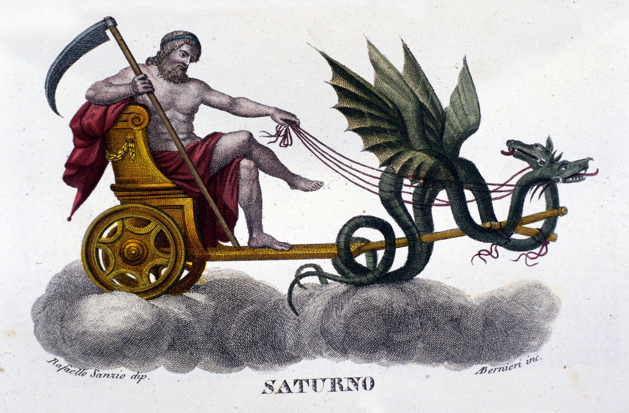 Guden Saturn (eller Cronos) på en tank affyret af to drager. Fra en illustration af Raffaello Sanzio. Indgravering af det 19. århundrede. af Unknown artist