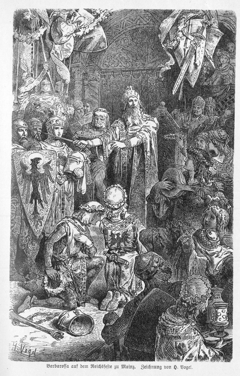 Den store kejser Frederick Barbarossa holder sit hof i Mainz - Frederic I af Hohenstaufen, dit Frederic Barberousse (1122-1190) modtog i Mainz korset af eveque Gerard af Würzburg - Indgravering i "" Kaiser, Konig une Papst" af Richard Roth af Unknown artist