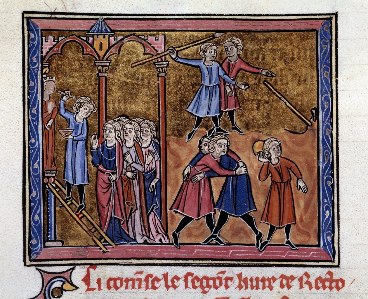 Den græske kunstner Zeuxis (5. århundrede f.Kr.) skulpturerer en statue af Juno foran unge mænd, der leger og kæmper Miniature fra manuskriptet "Retorik" af Marcus Tullius Ciceron (106-43 f.Kr.) oversat af Johannes af Antiokia af Unknown artist