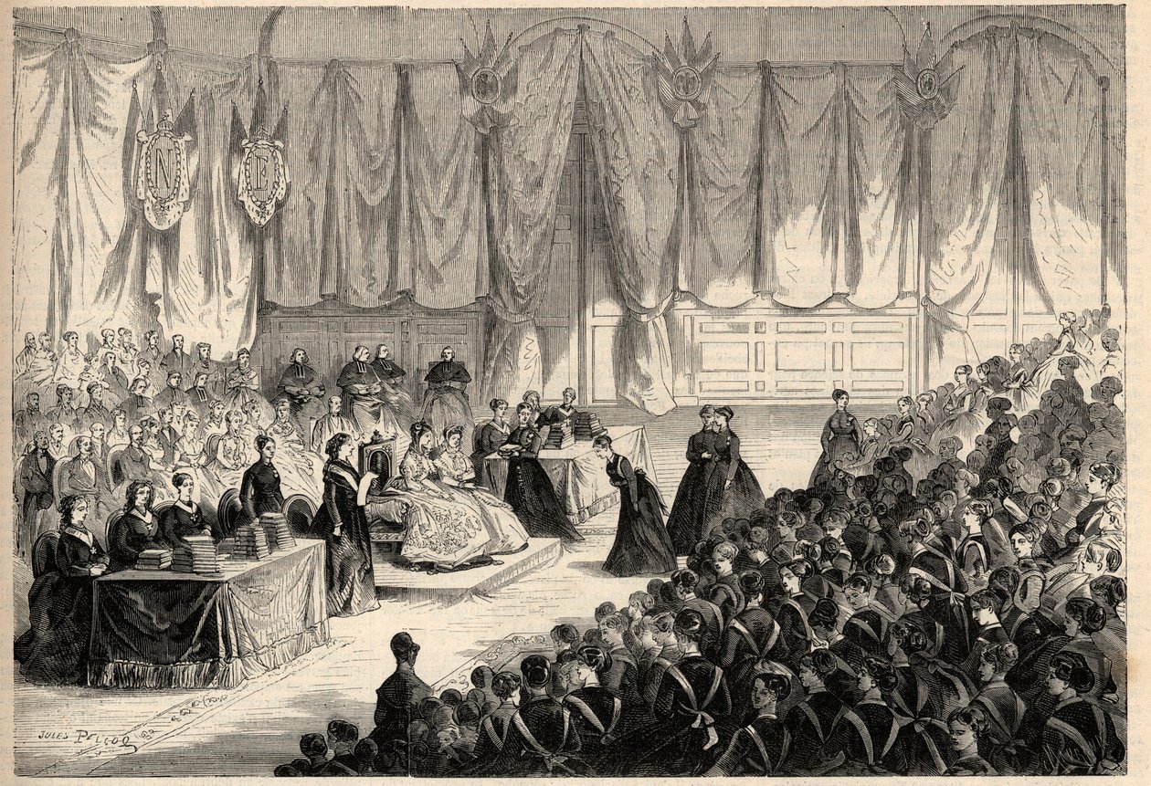 Impress Eugenie de Montijo (1826-1920), der forestår uddelingen af priser til den imperiale institution Æreslegionen i Saint Denis. Gravering i "" L