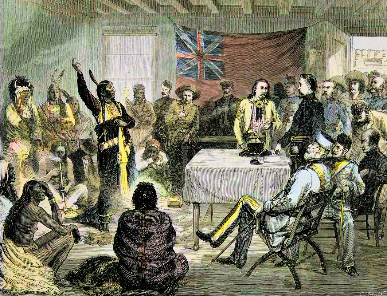 Den indiske krig i USA - "" Sitting Bull"-rådet med Sitting Bull og Buffalo Bill i Fort Walsh, britisk territorium, oktober 1877 - Sitting Bull and Buffalo Bill: Sitting Bull Council i Fort Walsh, British Territory, under krigen med af Unknown artist