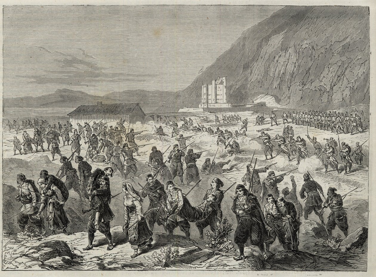 Opstanden i Dalmatien (Bocche di Cattaro) - opstand mod værnepligt pålagt af den østrigske regering - DALMATIA BEGIVENHEDER. OPSTÆRELSER, DER ANTAGER STATSTRINITA FORT, NÆR CATARO (Kotor-bugten) - Kotor-bugten - 1869 - af Unknown artist