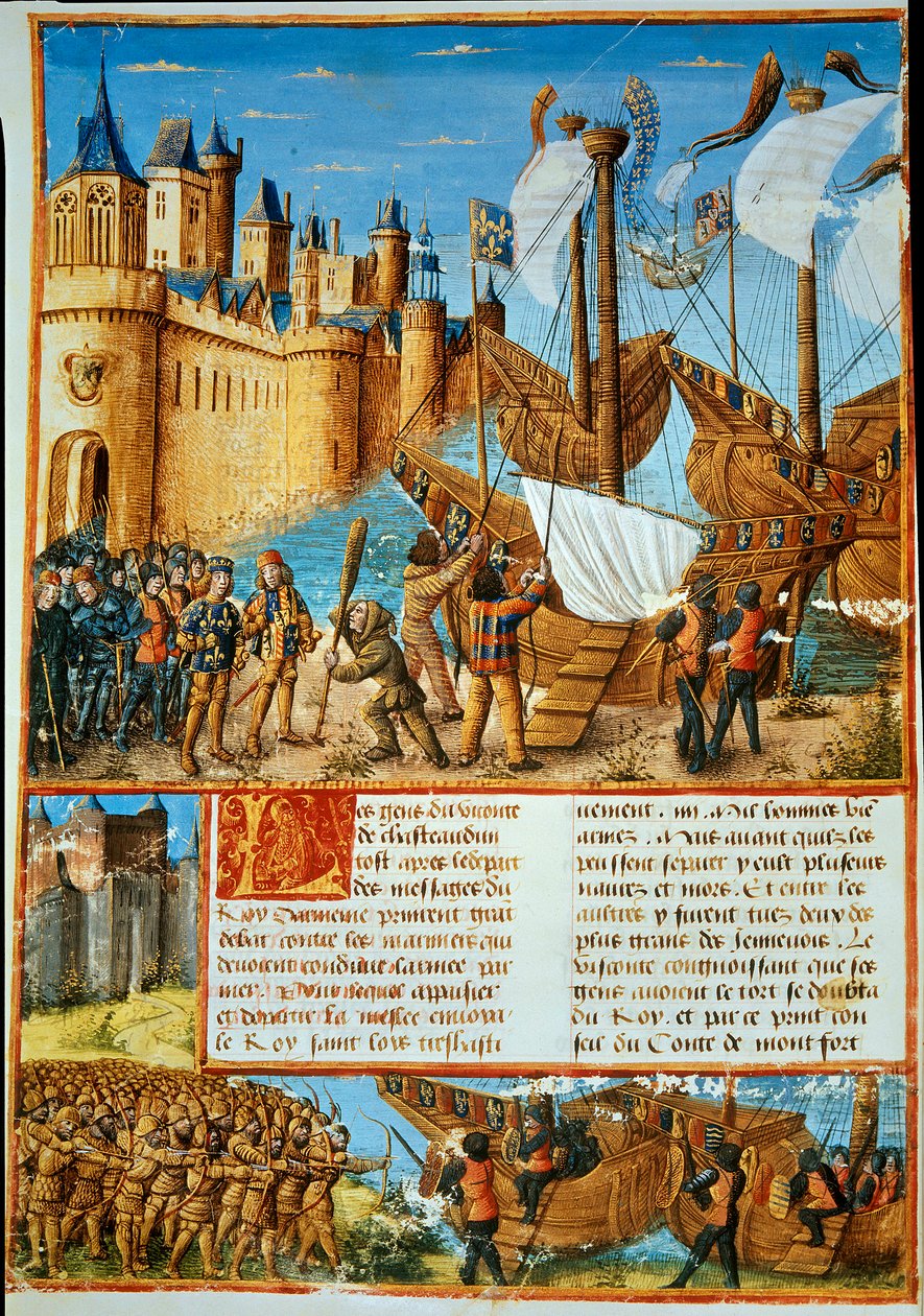 Kongen af ​​Frankrig Ludvig IX (Saint Louis) (1214-1270) påbegynder det syvende korstog. Thumbnail taget fra "The passager lavet Outremer af franskmændene mod tyrkerne og andre saracenere og Moures Outremarine" af Sebastien Mamerot af Unknown artist