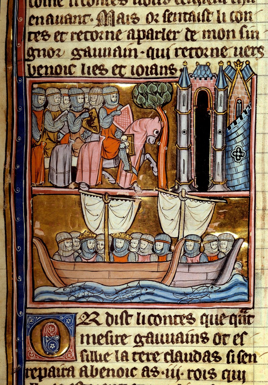 Knights rejste til korstoget. Miniature taget fra "" La quete du Holy Grail et la mort du roi Arthur"" af Robert De Borron (ou Boron) (1147-1170) Omkring 1280 Paris, B.N. af Unknown artist