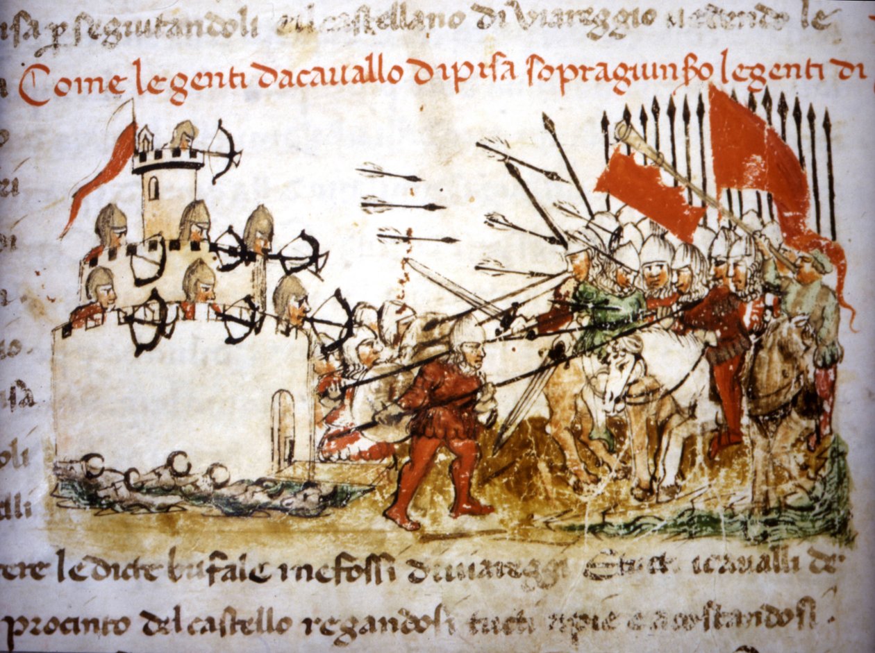 Ridderne af Pisa vandt over infanteriet i Lucca i 1397 - i "" Croniche del Sercambi"", omkring 1400. Nationalarkivet, Lucca. af Unknown artist