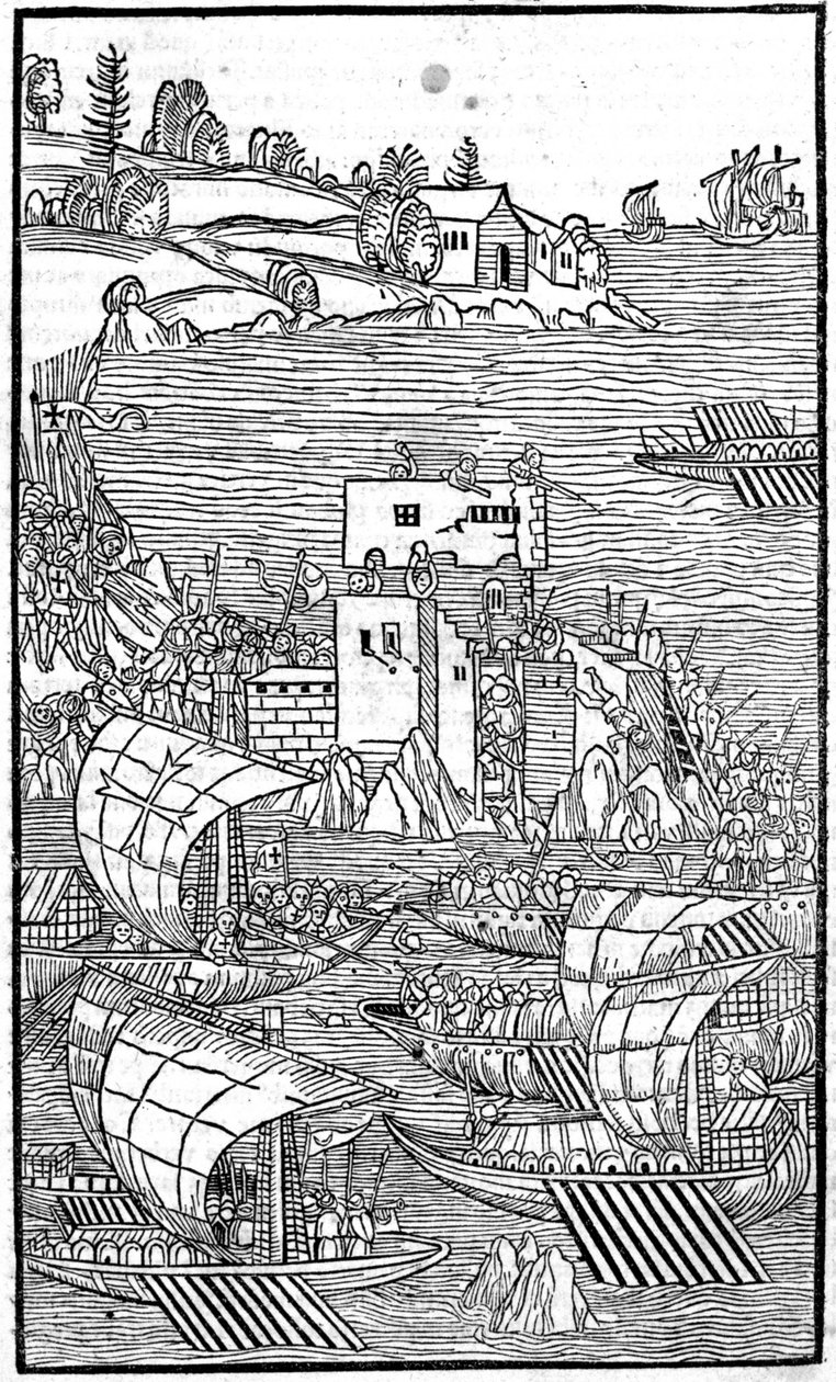 The Knights of Rhodes (Ordenen af ​​Hospitallers of St. John of Jerusalem) angriber Rhode Island i "" Rhodiorum History"" af Guilelmus Caorsin, Ulmae, Joh. Regeringen oktober af Unknown artist