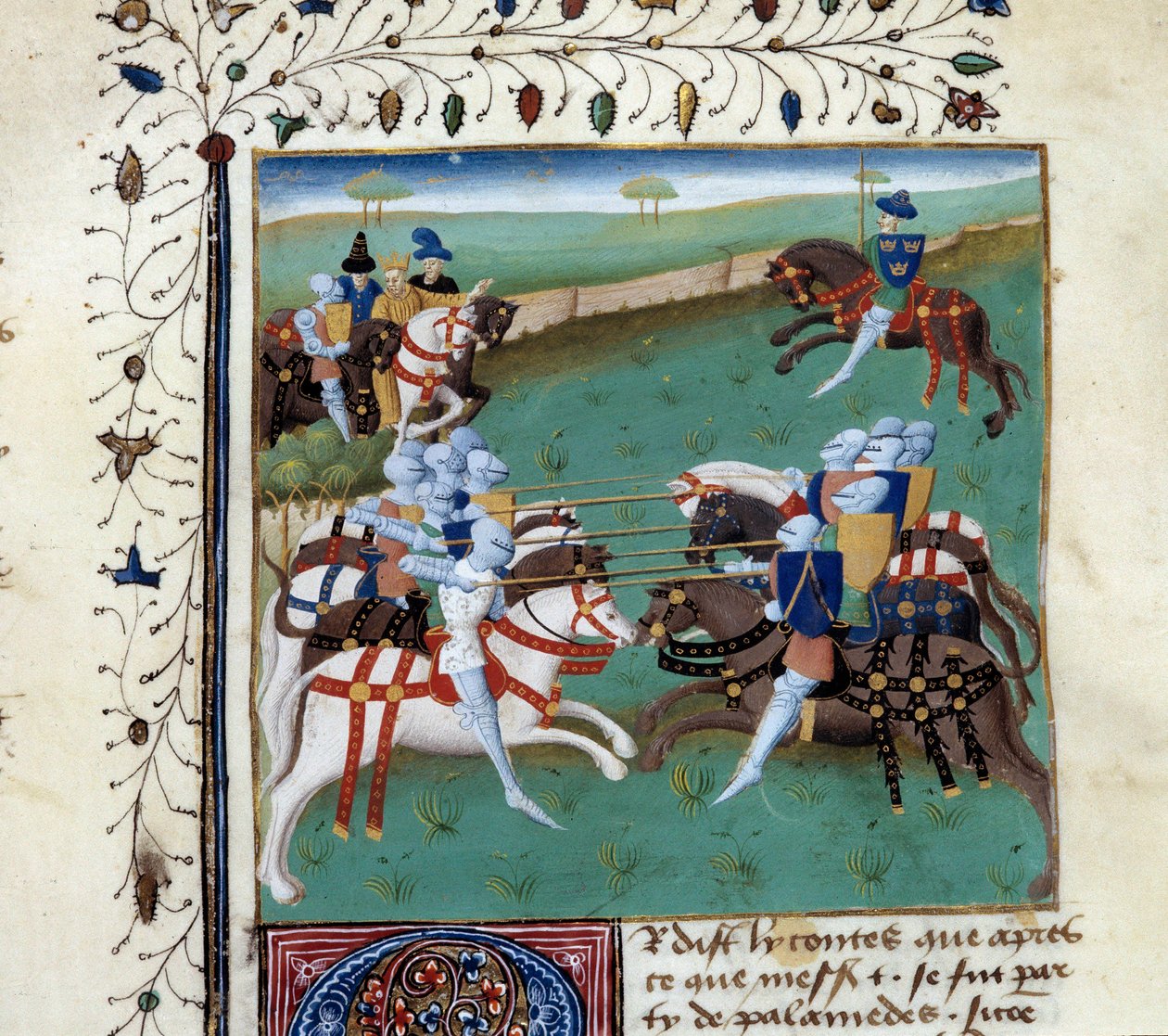 The Knights of the Round Table, der deltager i en ridderlig turnering. Miniature fra manuskriptet "The novel of Tristan" af Master Charles of Maine af Unknown artist