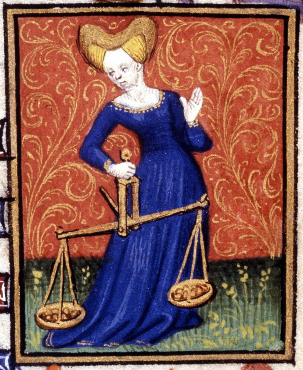 Vægten. Miniature af et horoskop. 15. århundredes manuskript. Bibl. Trivulziana, Milano. af Unknown artist