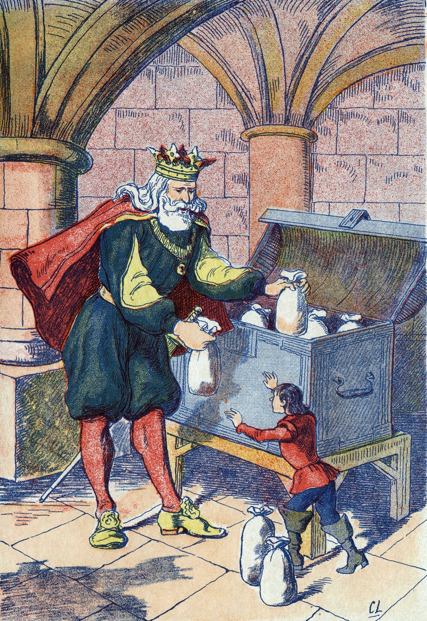 Den Lille Poulet kompenserer af Kongen. Illustration til "" Le Pepetit poucet"", fortælling af Charles Perrault (1628-1703), fransk forfatter. Anonym illustration. Billedmateriale Marcel Vagne, Jarville Nancy, udateret (slutningen af det 19. århundrede). af Unknown artist