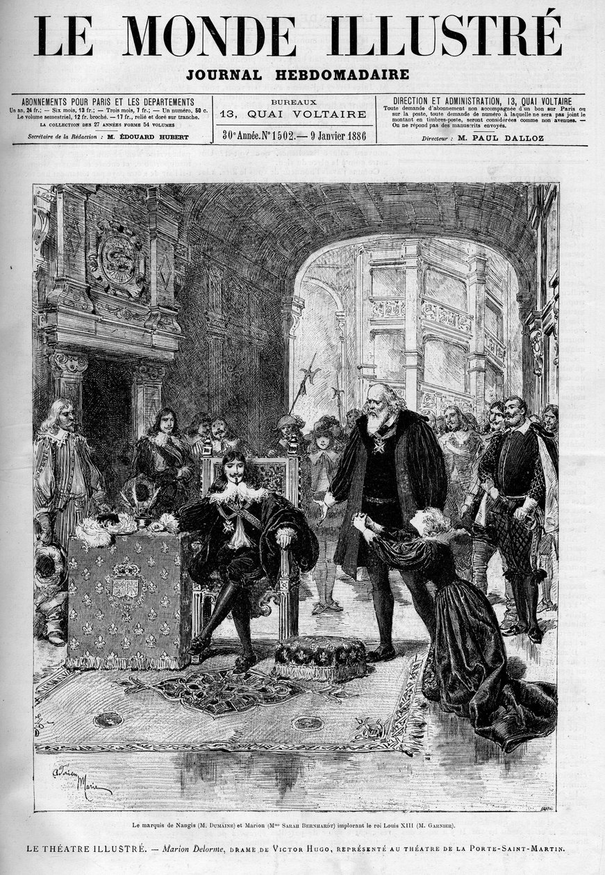 Marquis de Nangis (fortolket af Dumaine) og Marion (af Sarah Bernhardt) bønfalder kong Louis XIII (Garnier). Teaterstykket "" Marion Delorme", drama af Victor Hugo (1802-1885) skildrer ved teatret ved Sankt Martins dør efter at være blevet forbudt af af Unknown artist