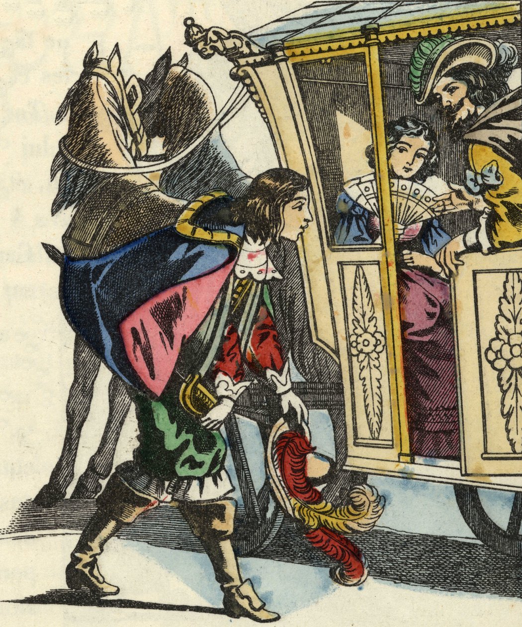 Markisen af Carabas hilser på kongen og prinsessen i deres vogn. Illustration af fortællingen "The cat botte" af Charles Perrault af Unknown artist