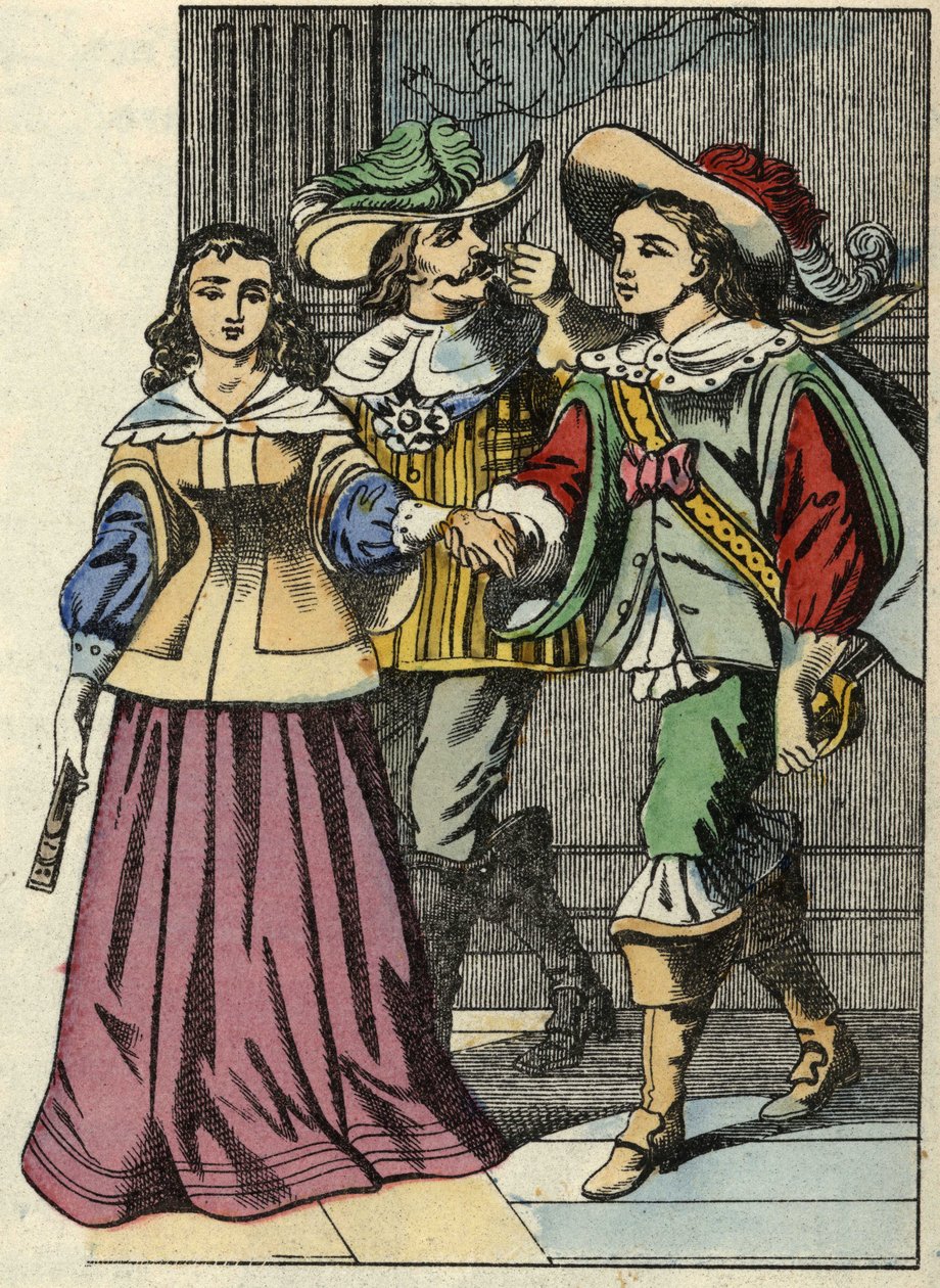 Markisen af Carabas, prinsessen og kongen på slottet. Illustration af fortællingen "The cat botte" af Charles Perrault af Unknown artist