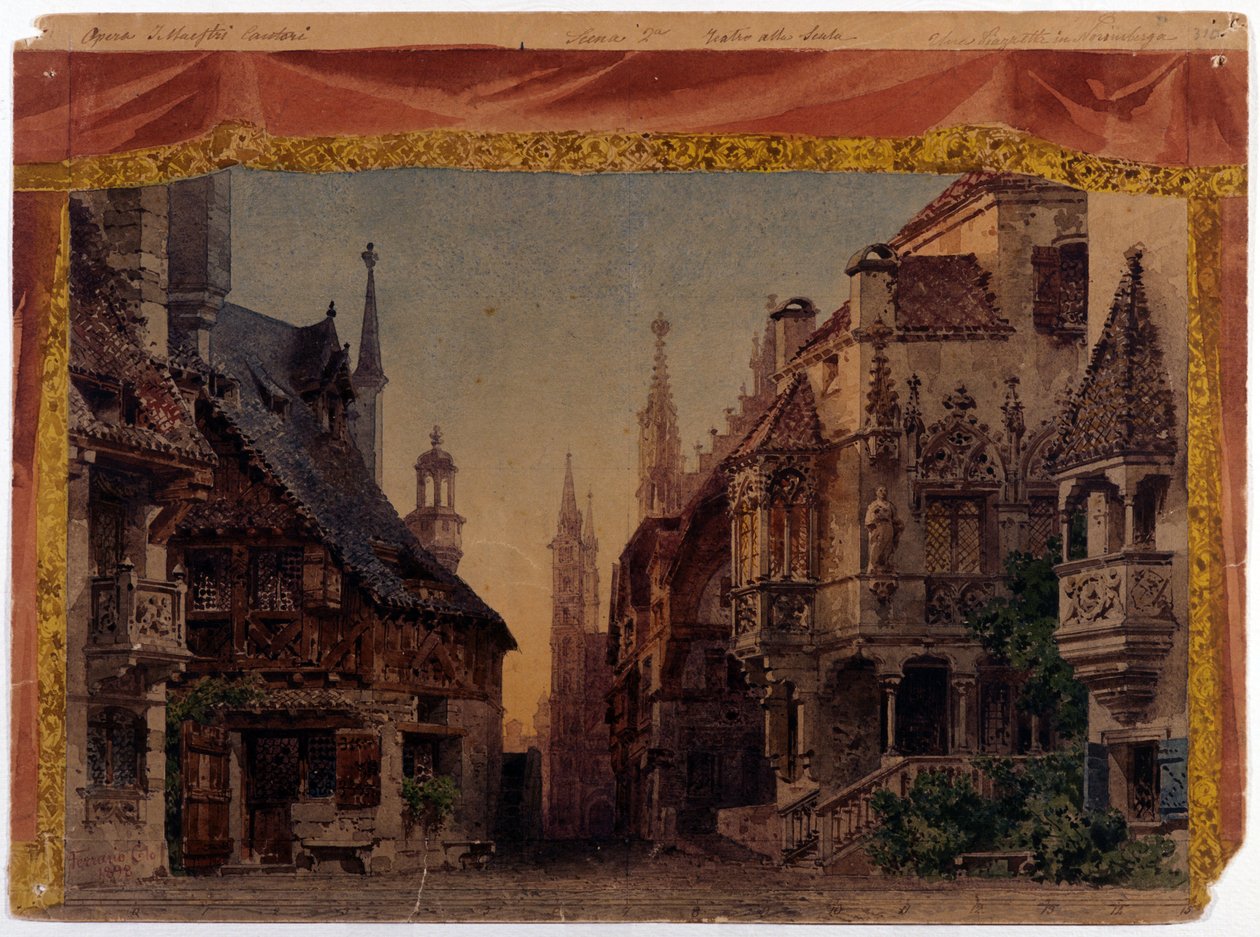 Meistersinger von Nurnberg (Les Meistersinger de Nuremberg), WWV 96, opera af Richard Wagner skabt i 1868. Scenografi af Ferrario til La Scala i Milano af Unknown artist