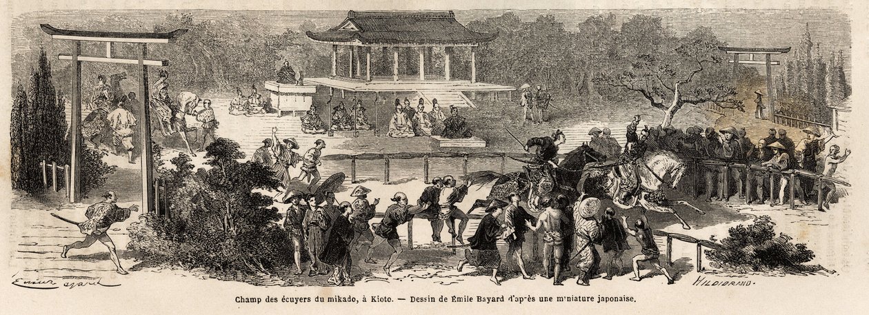 Mikado (kejser af Japan) væbnermarken i Kioto (eller Kyoto), trænings- og træningsbane for kejserlige heste. Indgravering til illustration af rejsen til Japan i 1863-1864 af Aime Humbert, minister for Det Schweiziske Forbund, i "Le tour du monde, nouveau af Unknown artist