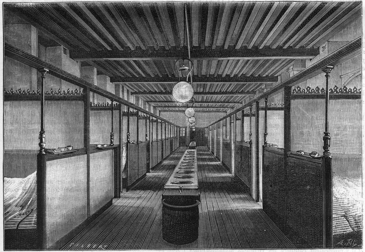 Mongeskolen i 1884 i Paris. En sovesal med håndvaske. i naturen. Gennemgang af videnskaber og deres anvendelser til kunst og industri." af Unknown artist