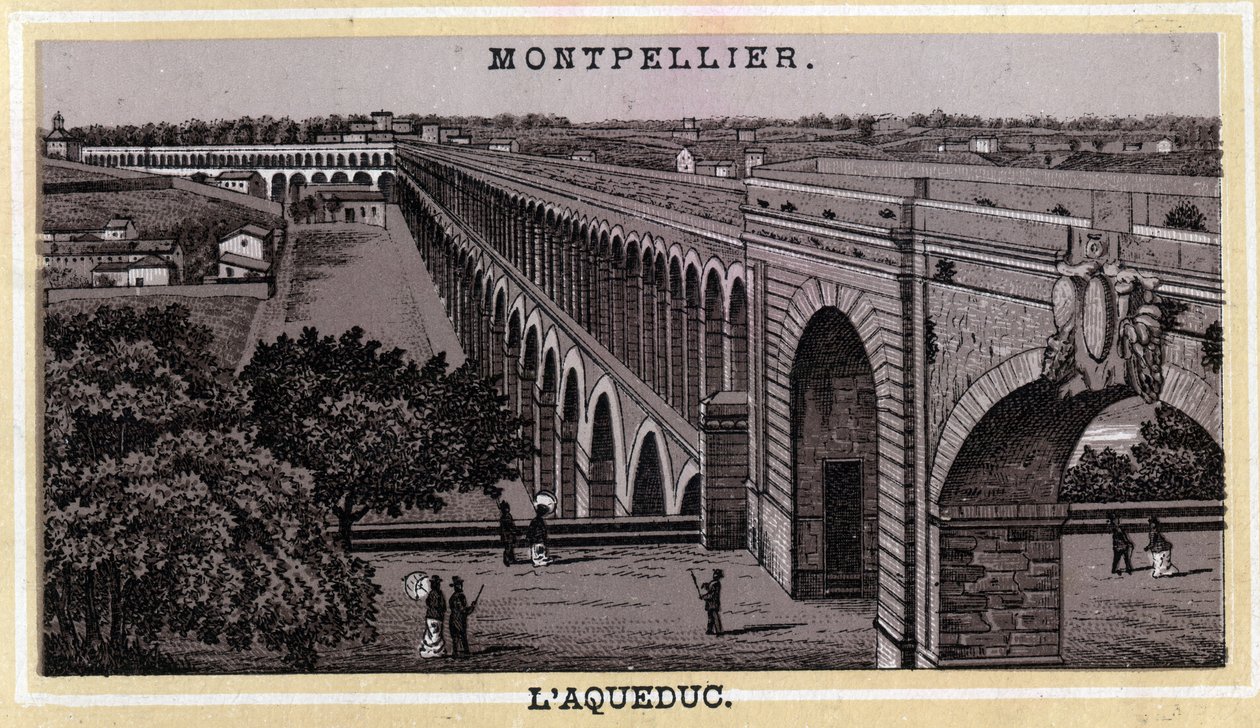 Montpellier Acqueduc (Herault, Languedoc-Roussillon-regionen). Kromolitografi i slutningen af det 19. århundrede. af Unknown artist