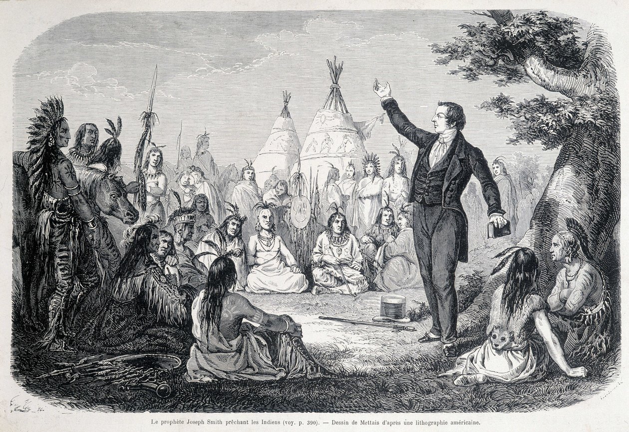Mormonprofeten Joseph Smith prædiker indianerne (Nordamerika). 1800-tals illustration. af Unknown artist