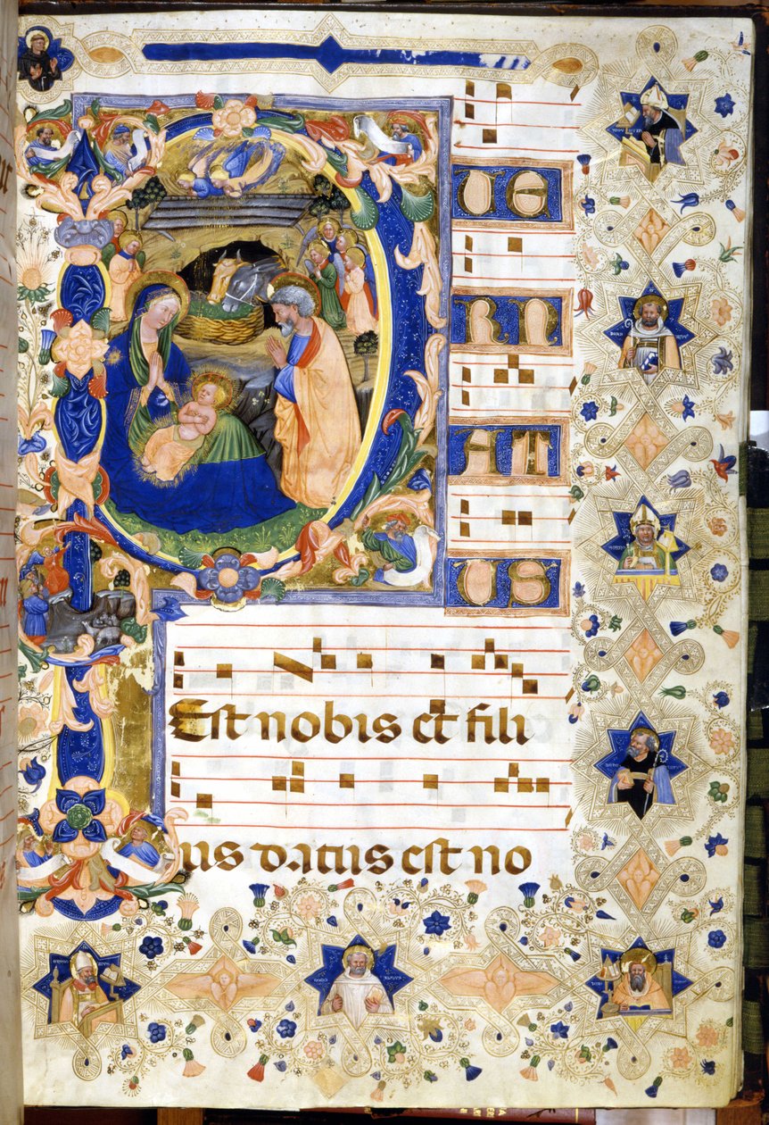 Fødselen repræsenteret på et kor fra det 14. århundrede. Milano, Biblioteca nazionale Braidense. af Unknown artist