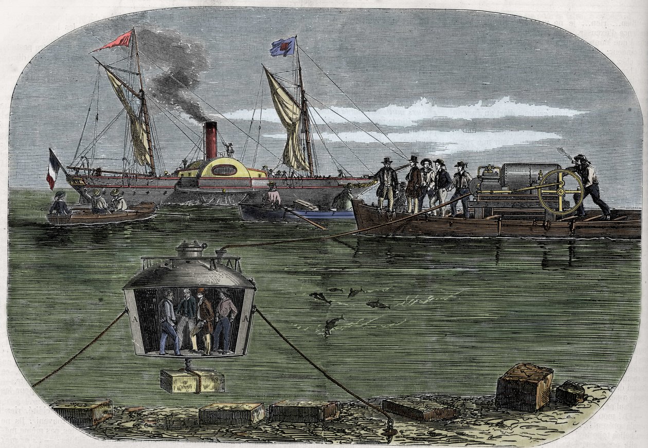 "Nautilus"-dykkerklokken fra Dr. Antoine Prosper Payerne eksperimenterede i Seinen i Paris og blev derefter perfektioneret i USA. Indgravering (1858) i Le "" Monde illustrious"". af Unknown artist