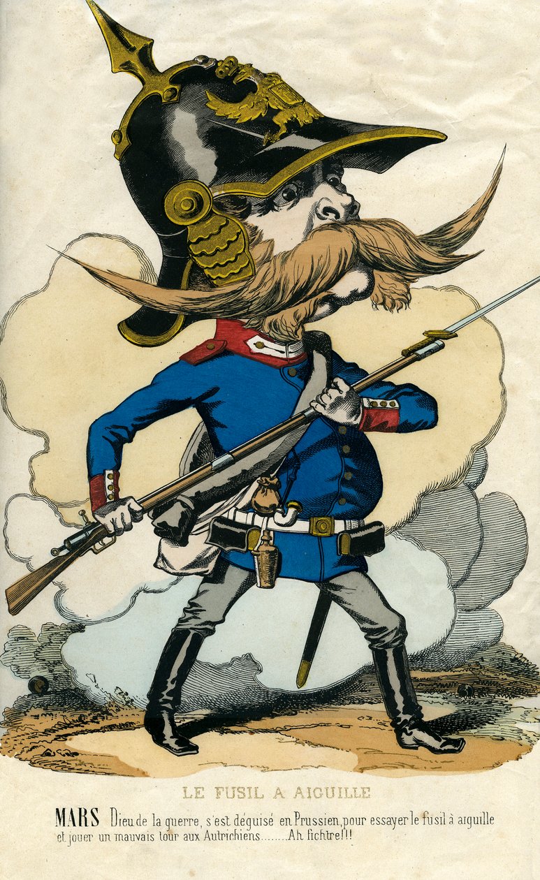 Nåleriflen - Portræt af Otto Von Bismarck (1815-1898) Preussens kansler - Mars, krigsguden, skuffede sig selv som preusser for at prøve nåleriflen og spille østrigerne et dårligt puds... Karikatur af Unknown artist