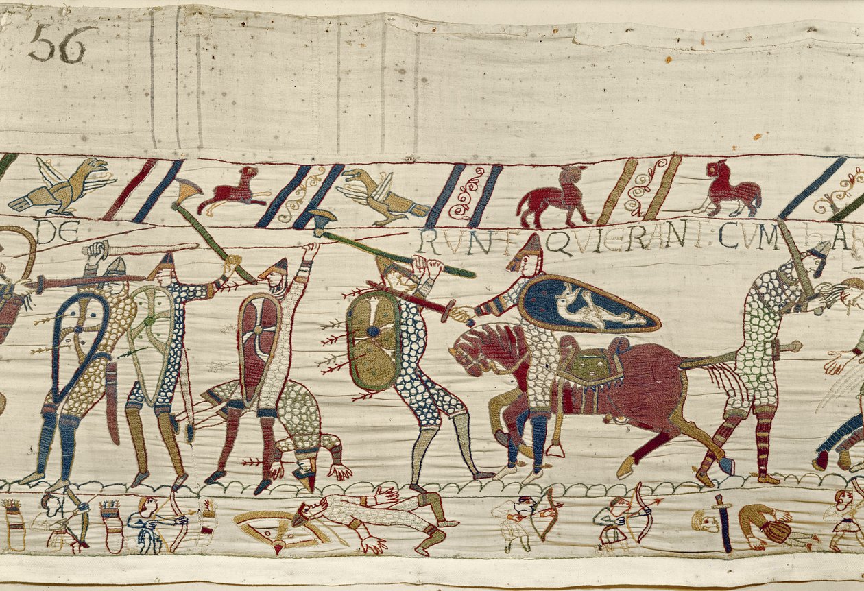 Normannerne kæmper og dræber dem, der var sammen med kong Harold, Bayeux Tapestry (uldbroderi på linned) af Unknown artist