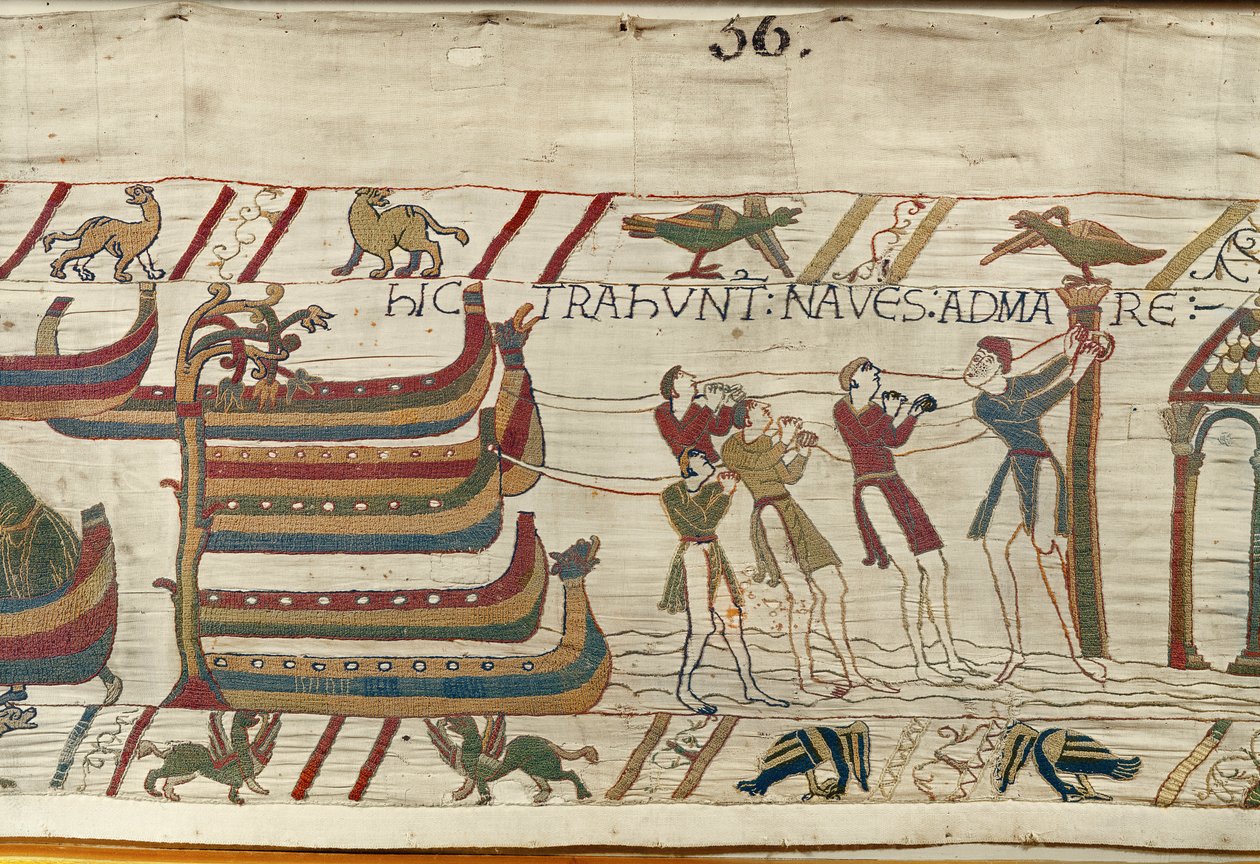 Normannerne trækker deres skibe til havet, Bayeux Tapestry (uldbroderi på hør) af Unknown artist