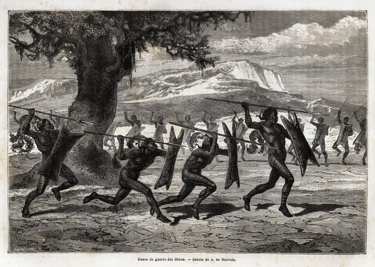 Obboerne (Ugandas stamme) opfører en krigsdans. Gravering til illustration af turen til Lake Albert, i 1861-1864, af Sir Samuel White Baker, i "Le tour du monde, nouveau journal des voyages"" udgivet under ledelse af Edouard Charton af Unknown artist