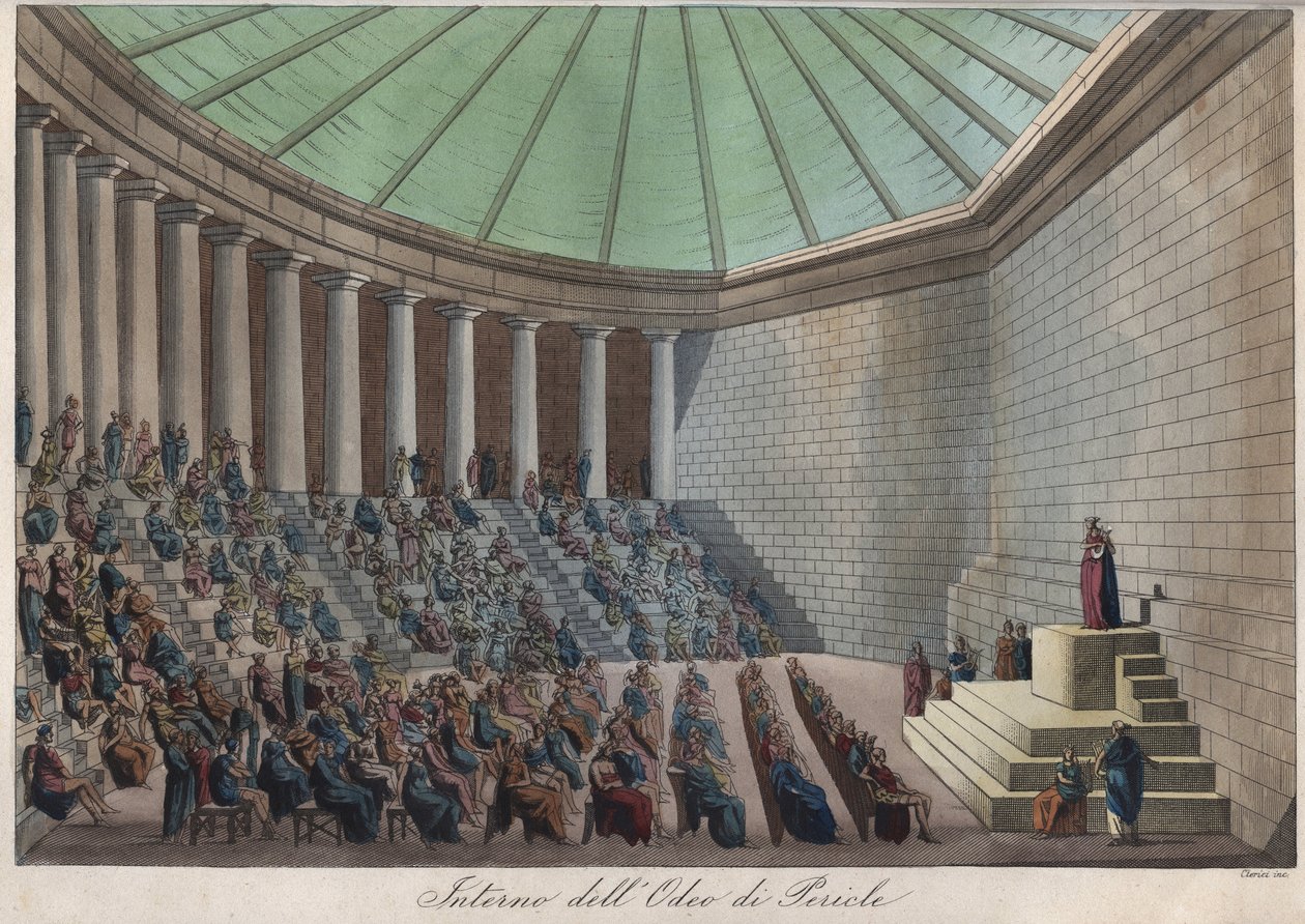The Odeon of Athens eller Odeon of Pericles in Athens - gravering fra "" Skikke og traditioner for alle folk i universet. Det vil sige historien om regeringen, lovene, militsen, om alle nationers religion fra de fjerneste tider til i dag "1 af Unknown artist