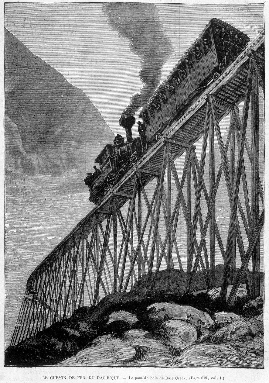 Pacific Railway på Dale Creek Wood Bridge - gravering, slutningen af det 19. århundrede af Unknown artist