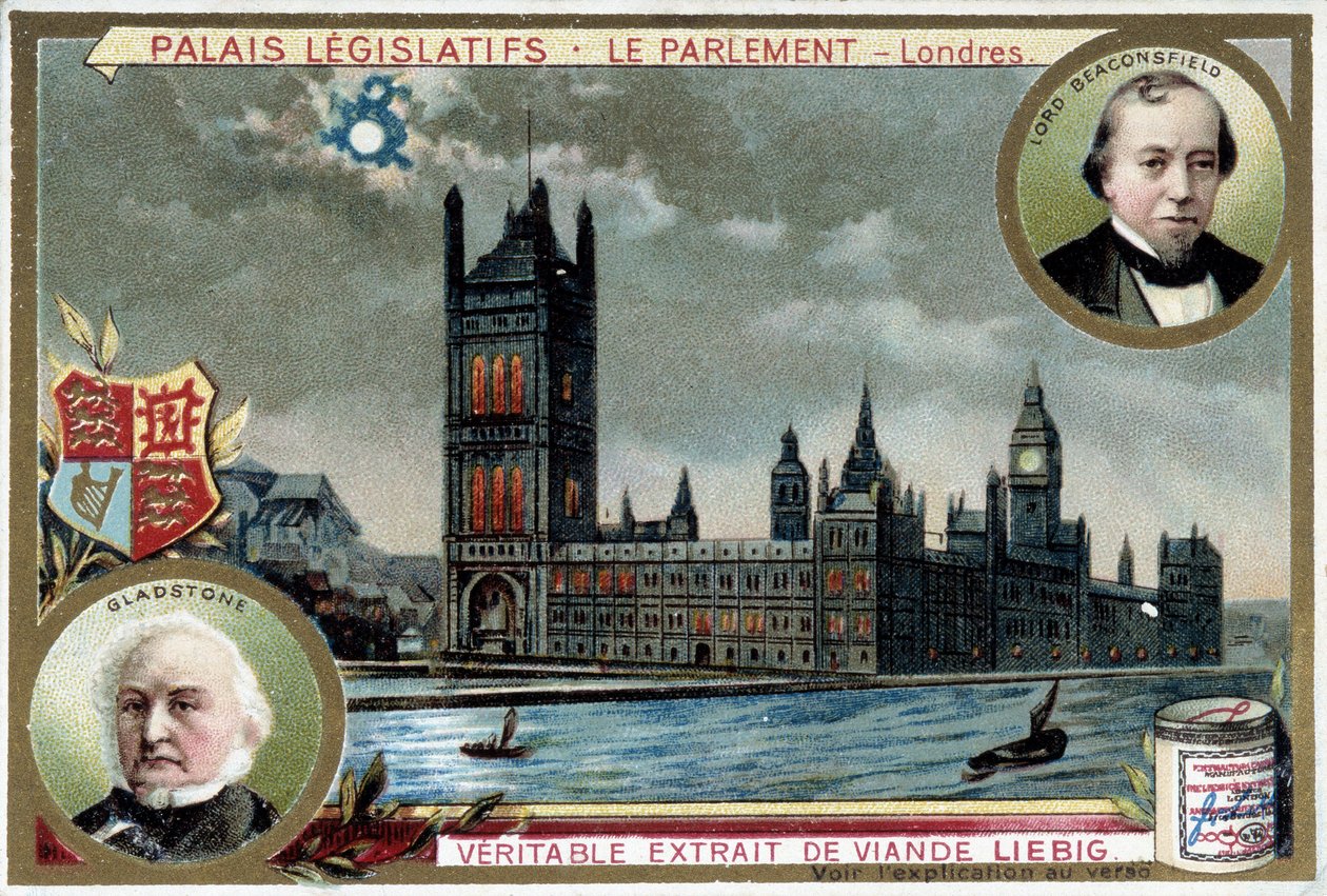 The Palace of Westminster, eller Parliament of London (England), med portrætter af William Ewart Gladstone (1809-1898) og Benjamin Disraeli, Lord Beaconsfield (1804-1881) - Liebig-kromolitografi af Unknown artist
