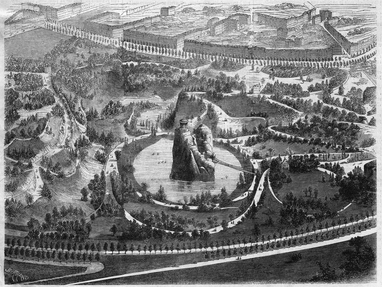 Parc des Buttes Chaumont (Buttes-Chaumont), en offentlig have i det 19. arrondissement i Paris bygget under initiativ af Napoleon III, skabt af Baron Haussmann (Georges Eugene Haussmann af Unknown artist