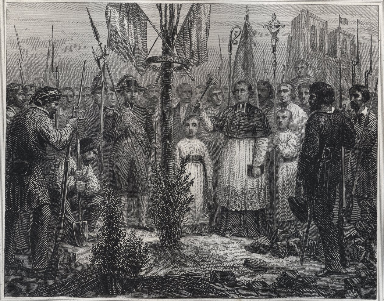 Plantagen af ​​et frihedstræ under revolutionen (frihedspol) - Plantage af et frihedstræ (poppel) i Frankrig under den franske revolution - Indgravering i "Les Fastes Populaires, ou Histoire des acts heroiques du peuple et de son influence af Unknown artist