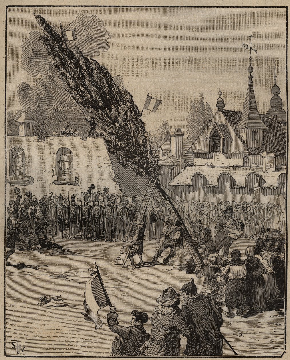 Plantagen af et frihedstræ under revolutionen (Liberty pole) - Plantage of a Liberty Tree (poppel) i Frankrig. Indgravering fra 1885 i "" Les arts et metiers illustres"" af Adolphe BITARD. af Unknown artist