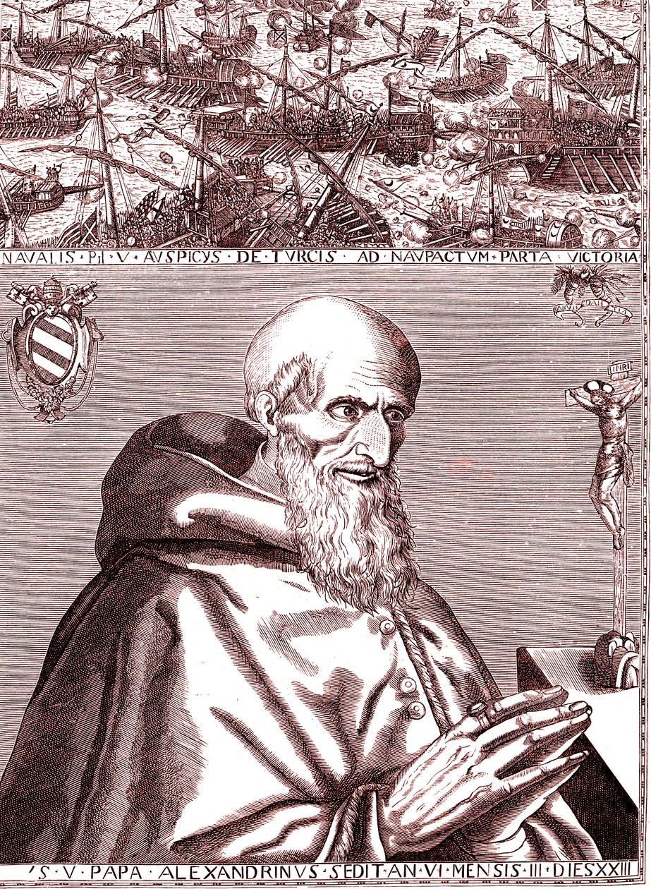 Pave Pius V indgår alliance med den spanske flåde og Venedigs italienske flåde mod tyrkerne i slaget ved Lepante i oktober 1571 af Unknown artist
