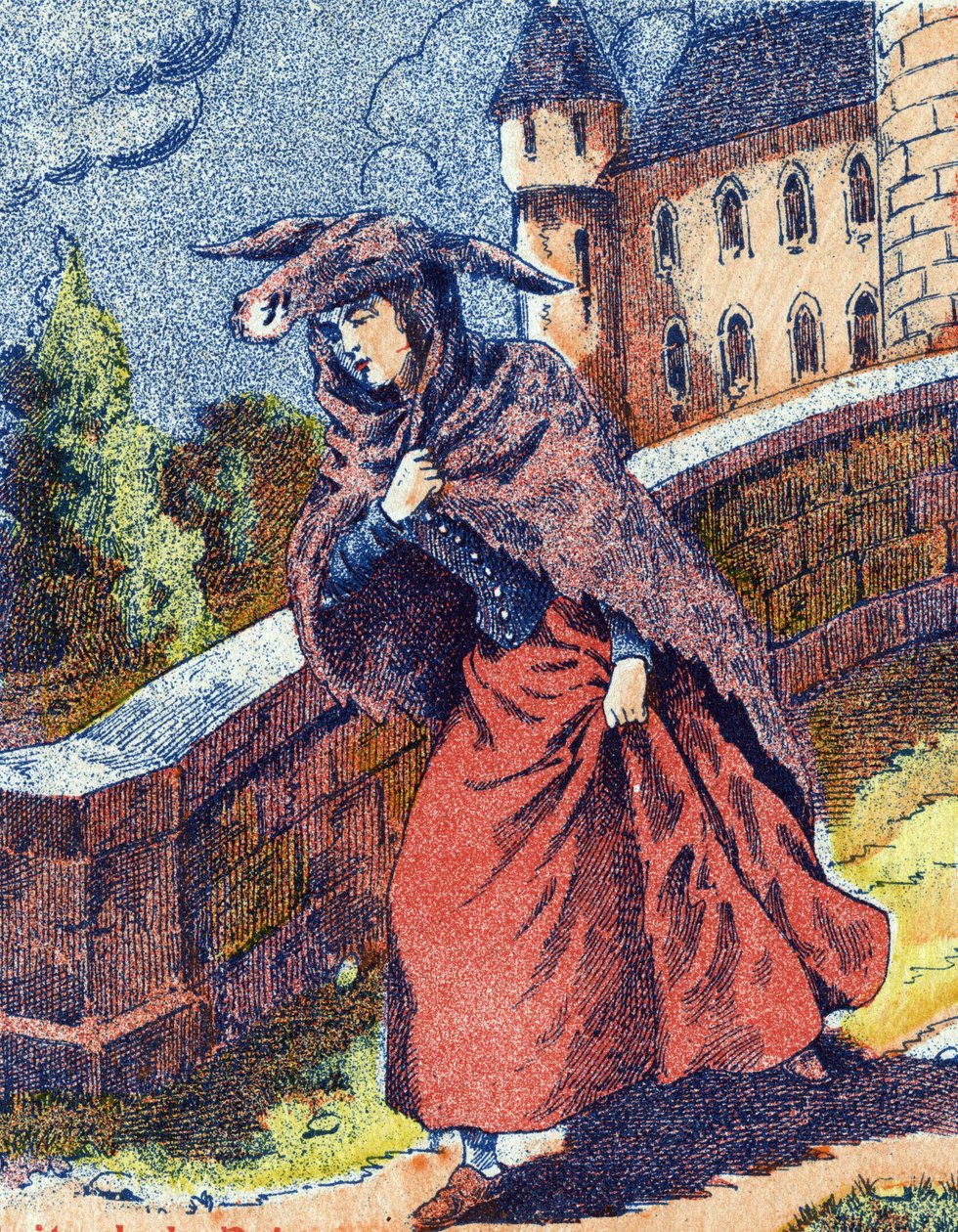 Prinsessens flugt. Anonym illustration til "" Æselskind""-fortælling af Charles Perrault (1628-1703), fransk forfatter. Billedmateriale Marcel Vagne, Jarville Nancy, udateret (slutningen af det 19. århundrede). af Unknown artist