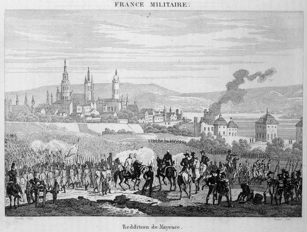 De preussiske tropper overtog fra franskmændene byen Mainz (eller Mainz) i Tyskland, juli 1793. Indgravering af det 19. århundrede. af Unknown artist