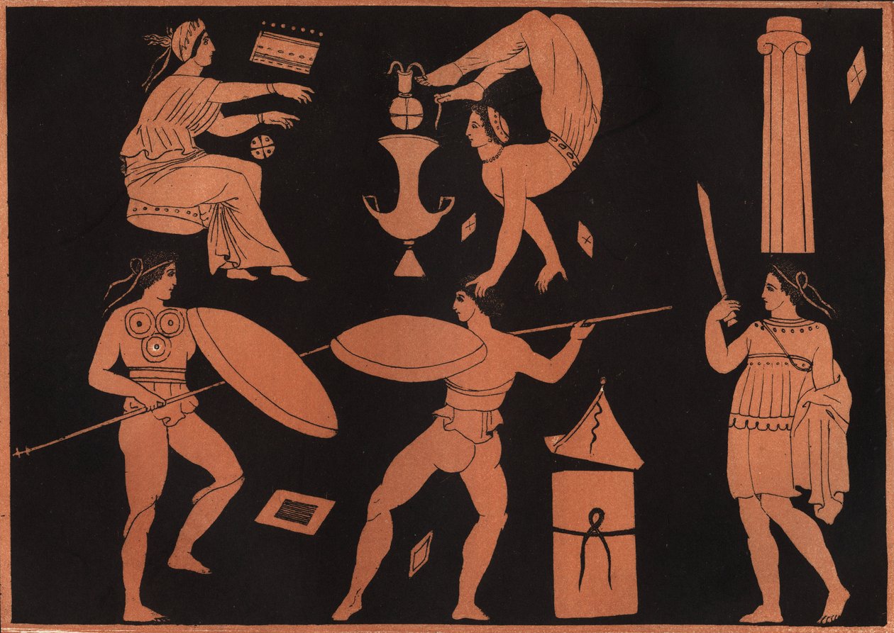 Pyrrhichios-dansen (Pyrrhic-dans) - indgravering fra "" skikke og traditioner for alle folk i universet. Det vil sige historien om regeringen, lovene, militsen, om alle nationers religion fra de tidligste tider til i dag "1856 af Unknown artist