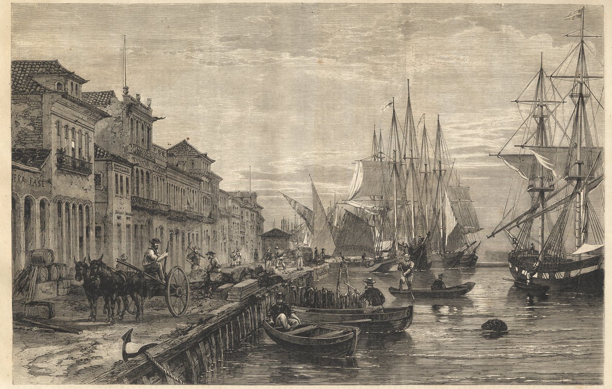 Kajen i Boa Vista, ved San Pedro de Rio Grande do Sul, en havn i Brasilien - Le quai de Belle-Vue, en San Pedro de Rio Grande (Brasilien) - Kaptajn i Sao Pedro do Rio Grande do Sul - Gravering fra " "Det illustere univers"" 1866 af Unknown artist