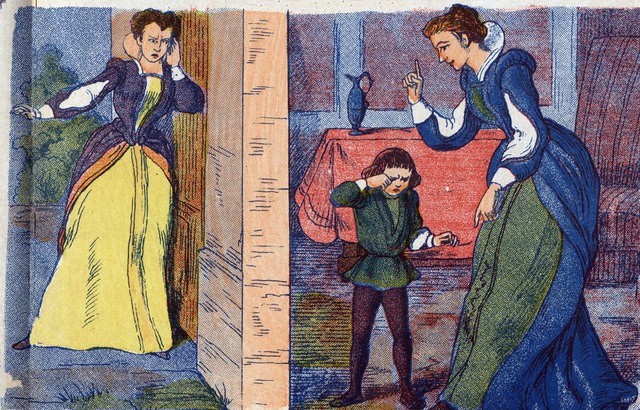 Dronningemoderen opdager dronningens og hendes børns pensionering. Anonym illustration til "La belle au bois dormant", fortælling af Charles Perrault (1628-1703), fransk forfatter. Billedmateriale Marcel Vagne, Jarville Nancy, udateret (slutningen af det 1 af Unknown artist