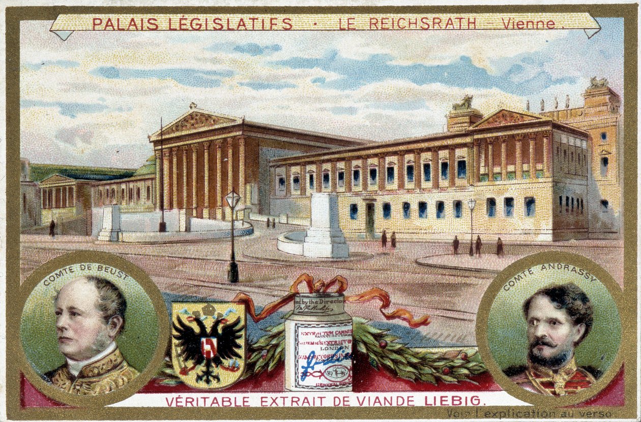 Reichsrath-paladset, Wien (Østrig), med portrætter af grev Friedrich Ferdinand de Beust (1809-1886) og grev Gyula Andrassy (1823-1890) - Liebig-kromolitografi af Unknown artist